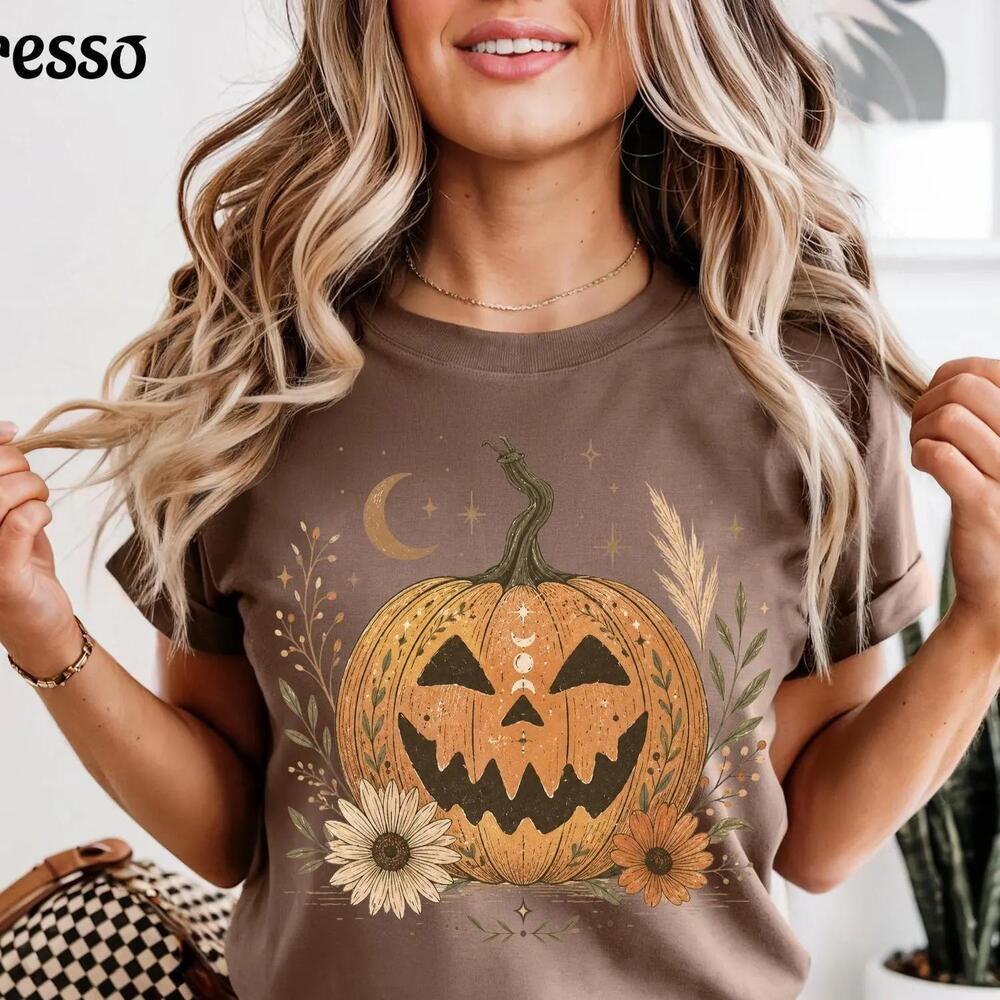 Boho Celestial Pumpkin Shirt, Halloween S Tee, Floral Jack O Lantern